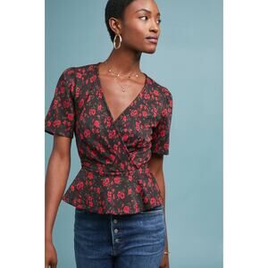 Anthro Meadow & Rue Heartland Floral Faux Wrap Peplum Top Size XS Black Red